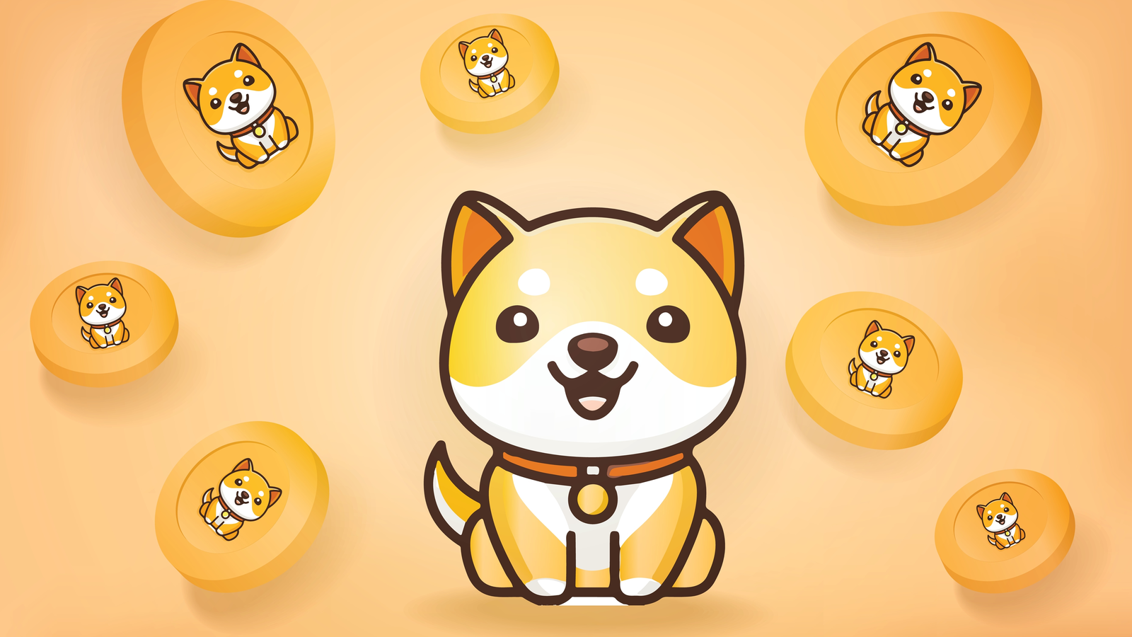 Gráfico de la mascota de Baby Doge Coin (BABYDOGE) sobre fondo naranja arena que representa las predicciones de precios de BabyDogeCoin.