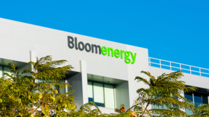 Blurred Bloom Energy sign on headquarters in Silicon Valley. BE stock.