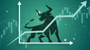 An image of a bull standing behind a stock graph with an upward trend; growth stocks