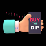 Hand holding a smartphone with the text of buy the dip in, stock market correction. "It's dip o'clock!" famous sentence. Economics, Stock Market, Stock Exchange, Background. 3D illustration.