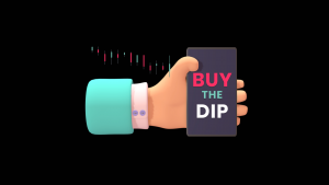 Hand holding a smartphone with the text of buy the dip in, stock market correction. "It's dip o'clock!" famous sentence. Economics, Stock Market, Stock Exchange, Background. 3D illustration.