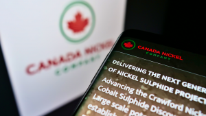 The logo for Canada Nickel Company (CNIKF) and info about the company is displayed on a screen.