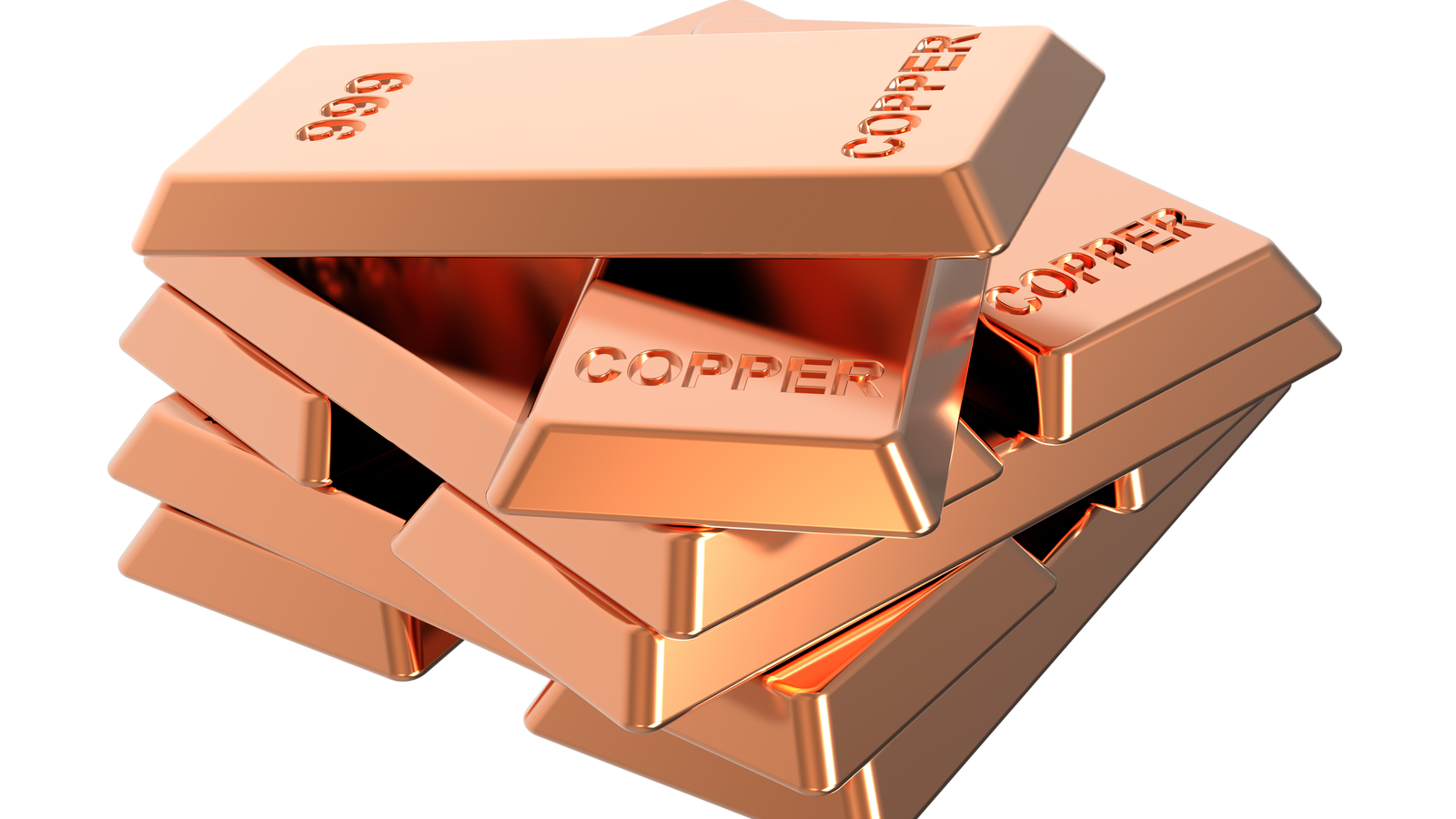 Copper ingots in a stack on a white background. Copper stocks.