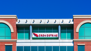 CrowdStrike sign and logo at headquarters in Silicon Valley. CRWD stock.