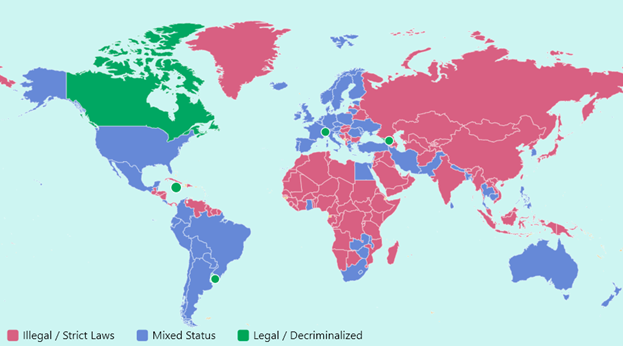 A global map showing the status of cannabis legalization in each country