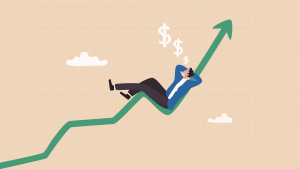 An image of a man relaxing, sleeping on a stock growth chart; growth stocks