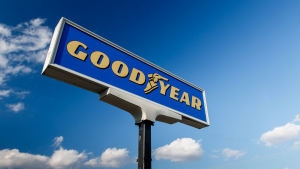 Sign for Goodyear (GT) tire shop. The Goodyear Tire & Rubber Company is an American tire manufacturing company.