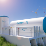 Hydrogen renewable energy production - hydrogen gas for clean electricity solar and wind turbine facility.
