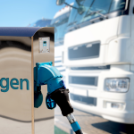 An image of a hydrogen fueling station with a truck parked in the background. hydrogen stocks