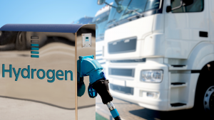 An image of a hydrogen fueling station with a truck parked in the background. hydrogen stocks