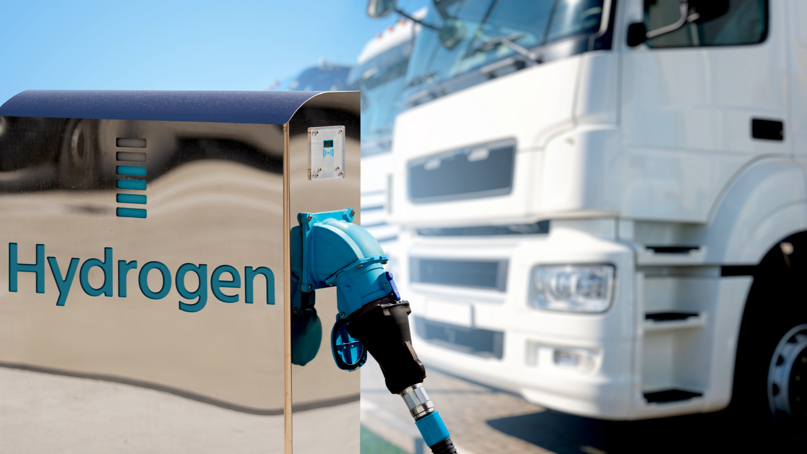 An image of a hydrogen fueling station with a truck parked in the background HTOO Stock.