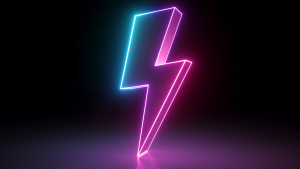 neon pink and blue graphic of a lightning bolt