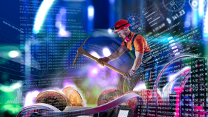Macro view of miner working for bitcoins mine pool.  Devices and technology for cryptocurrency mining.  Mining cryptocurrency concept.  MARA stock.  Crypto mining.