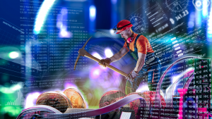 Macro view of a miner working in a Bitcoin mining pool. Equipment and technologies necessary for mining cryptocurrencies. Cryptocurrency mining concept. Mary's work. Cryptocurrency mining.