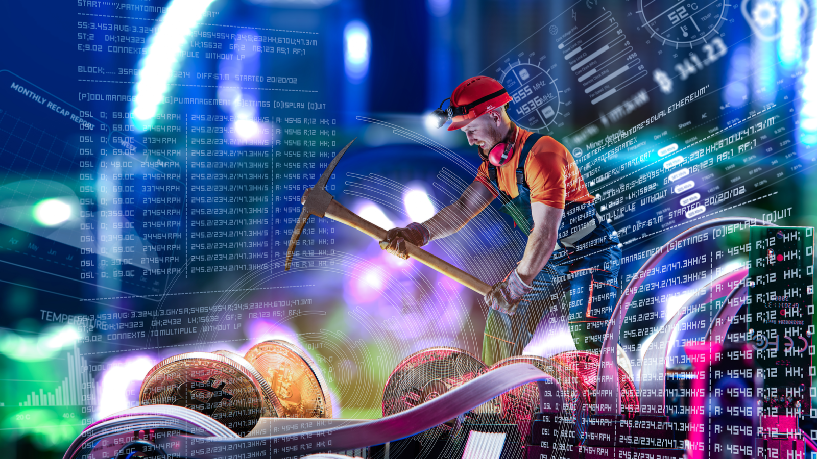 Macro view of miner working for bitcoins mine pool. Devices and technology for mining cryptocurrency. Mining cryptocurrency concept. MARA stock. Crypto mining.