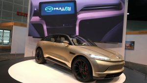 The Mullen Five vehicle is displayed at the 2021 LA Auto Show Media Day in Los Angeles, November 18, 2021.  MULN stock.