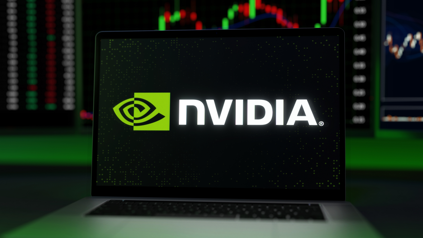 Nvidia (NVDA) logo on a laptop screen trading stock market