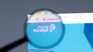 Plug Power logo on computer screen. PLUG stock.