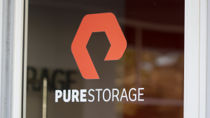 The Pure Storage logo at the entrance to its office in Mountain View, California. PSTG stock.