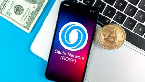 The logo for the Oasis Network (ROSE) crypto displayed on a smartphone screen.