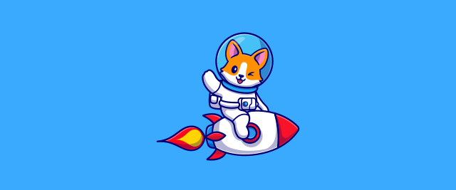 An illustration of a shiba inu dog in an astronaut suit riding a rocket and winking.