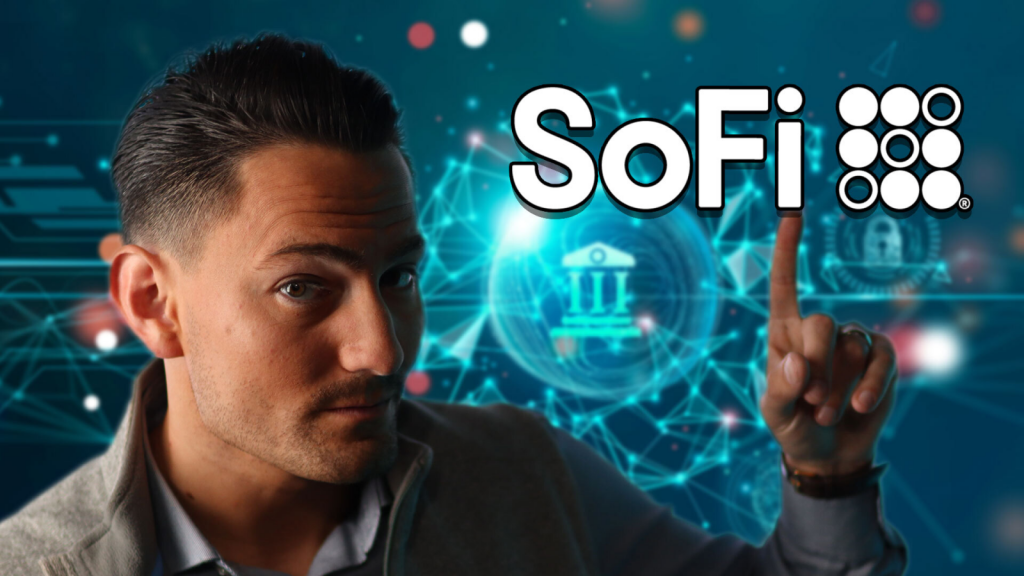 An image of Luke Lango pointing to SoFi's logo, a bank icon and vector lines in the background