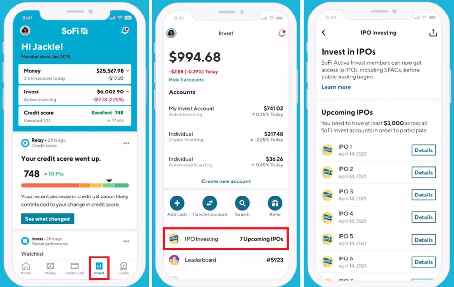 Three images of SoFi Technologies, Inc. (SOFI) app profiles