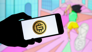 STEPN (GMT-USD) crypto logo displayed on a smartphone with silhouette of a hand holding the phone. Behind phone in background is a colorful cartoon graphic of a person running.