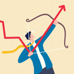 An image of business man grabbing the bottom of a stock graph and shooting it upward with a bow