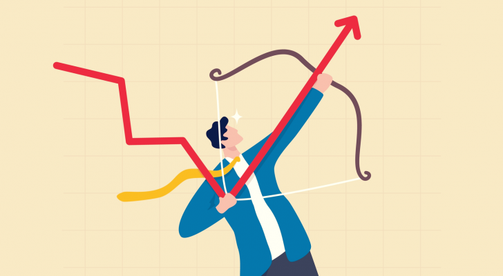 An image of business man grabbing the bottom of a stock graph and shooting it upward with a bow