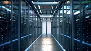 Network server room with computers for digital TV IP communications and internet, 3D rendering.tech stocks