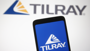 In this photo illustration Tilray (TLRY) logo of a Canadian pharmaceutical and cannabis company is seen on a mobile phone and a computer screen.