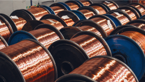 Production of copper wire, bronze cable in reels at factory.