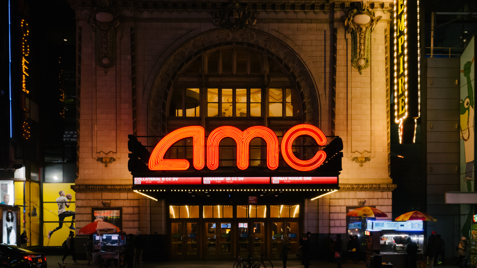 AMC theater in Manhattan, New York City representing movie stocks.