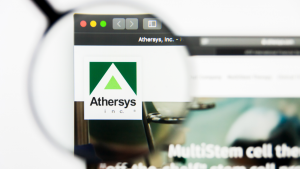 Illustrative Editorial of biotech Athersys Inc (ATHX) website homepage. Athersys Inc logo visible on display screen.