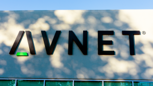 The logo for Avnet (AVT) is seen on the side of a building. tech stocks