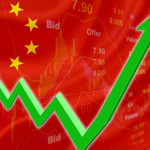 Flag of China with a chart of financial instruments for stock market analysis and a green uptrend arrow indicates the stock market enter booming period. Chinese stocks to buy