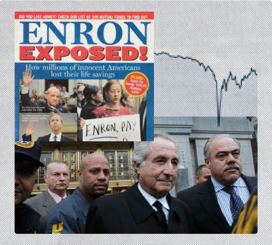 An image of several men with a magazine cover in the corner that says, "Enron Exposed!"