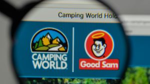 Camping World Holdings logo on a computer screen. CWH stock.
