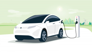 Illustration of an electric car charging outside of a city with wind turbines in the background.