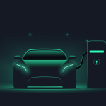 Illustration of an electric vehicle charging at night with stars in the sky in the background. EVs. Electric vehicle stocks.