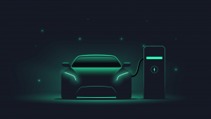 Illustration of an electric vehicle charging at night with stars in the sky in the background. EVs. Electric vehicle stocks.