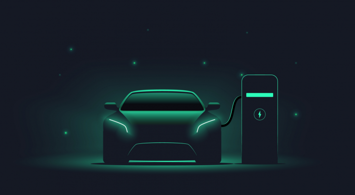 Illustration of an electric vehicle charging at night with stars in the sky in the background. EVs. Electric vehicle stocks.