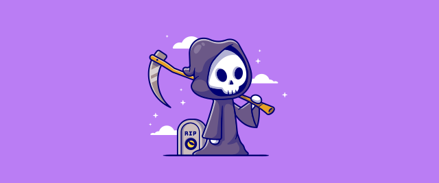 An illustration of the Grim Reaper standing in front of a gravestone with the Terra logo on it.