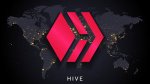 HIVE blockchain technology logo on world map. hive stock.