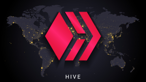 HIVE Blockchain Technologies logo over a map of the world.  HIVE stock.