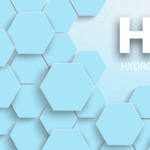 An image of a hexagon structure with the text H2 Hydrogen on a blue background