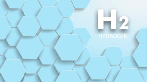 An image of a hexagon structure with the text H2 Hydrogen on a blue background
