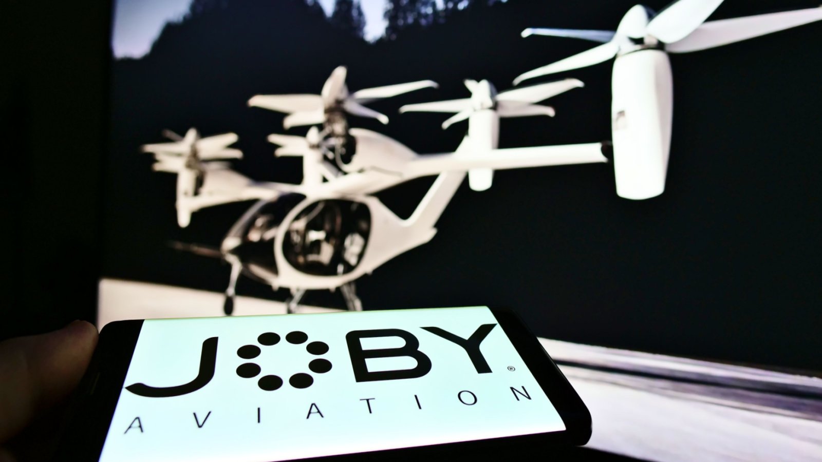 A Joby Aviation (JOBY Stock) air taxi on display.