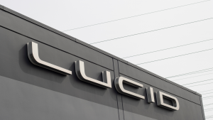 Close up of the Lucid logo at the Lucid showroom in Millbrae, California.  LCID stock.
